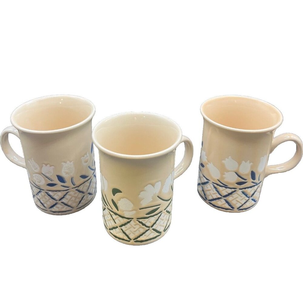 3-Churchill Flower and Lattice Mugs 2 Blue 1 Green 1980s England Cottagecore